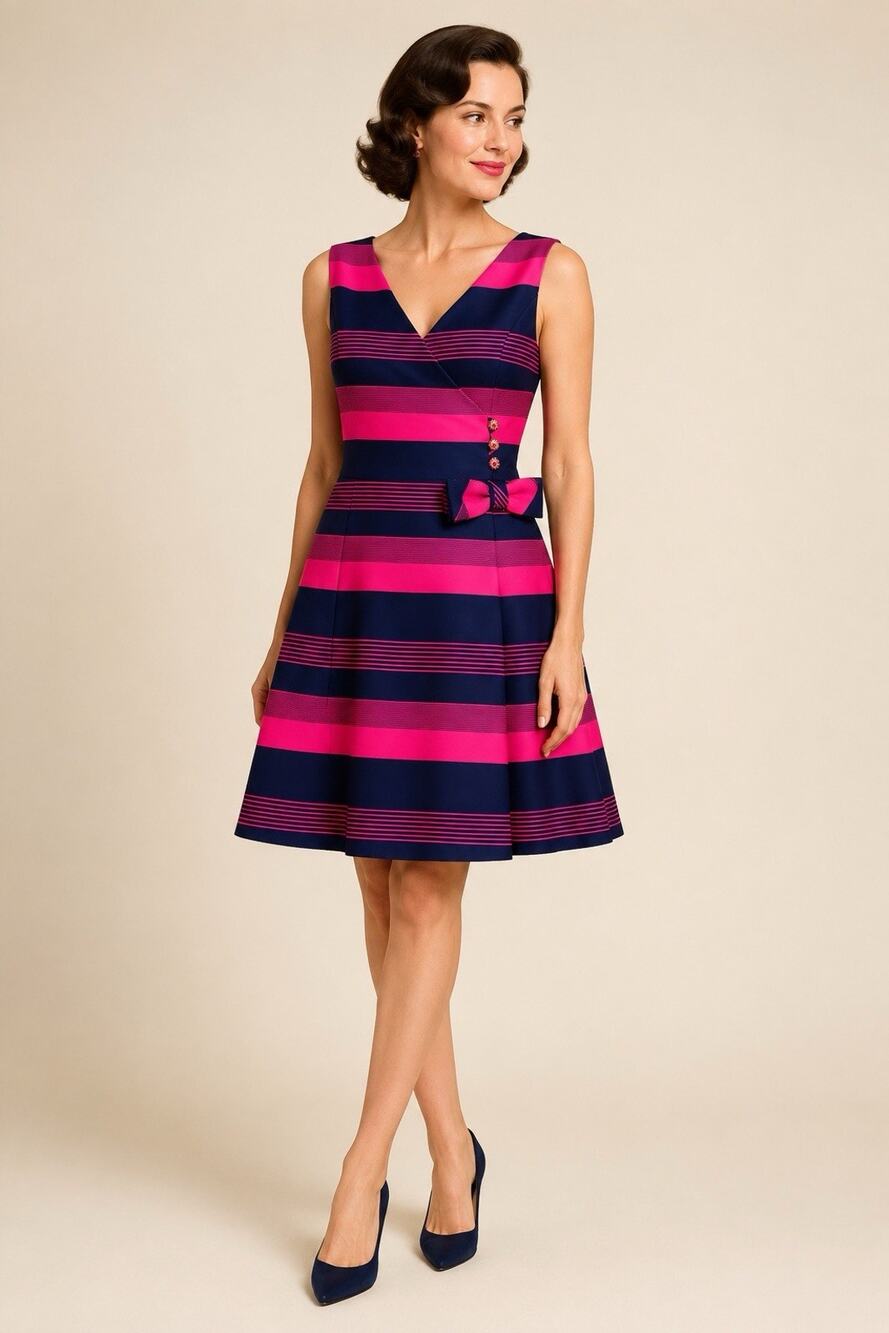 VTG Joseph Magnin Pink Navy Striped Fit & Flare Dress Rhinestone Bow Size Medium